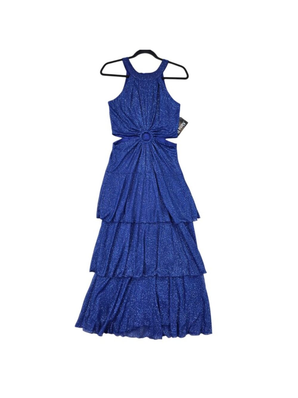 Alexa B Nites Dress Womens 8 Blue Glitter Halter Cut Out Tiered Maxi Gown
